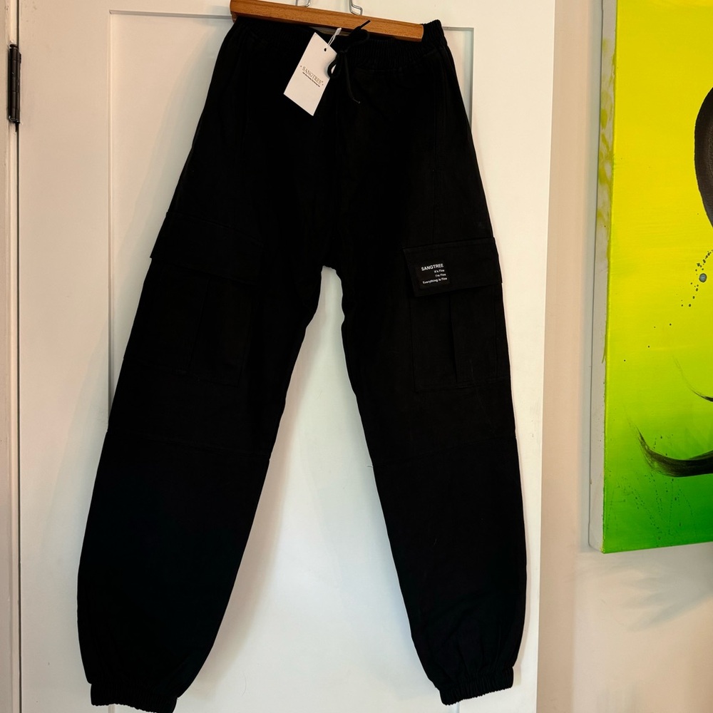 Girls Cargo Pants, Elastic Waist Multi Pockets Pants, Black, 11-12 Years